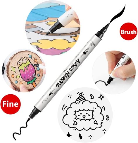TRANSON 4 Black and 4 White Paint Markers Brush and Fine Dual-tip Acrylic Paint Marker Set for Rock Painting Glass Canvas Wood Leather Ceramic Painting in Kuwait