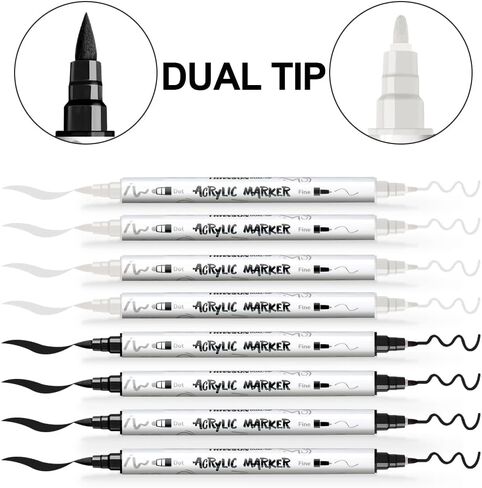 TRANSON 4 Black and 4 White Paint Markers Brush and Fine Dual-tip Acrylic Paint Marker Set for Rock Painting Glass Canvas Wood Leather Ceramic Painting in Kuwait