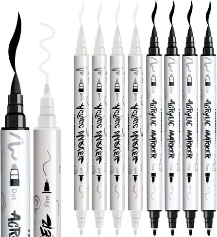 TRANSON 4 Black and 4 White Paint Markers Brush and Fine Dual-tip Acrylic Paint Marker Set for Rock Painting Glass Canvas Wood Leather Ceramic Painting in Kuwait