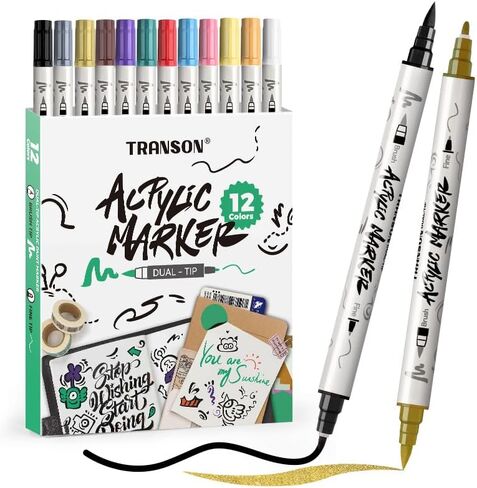 TRANSON 4 Black and 4 White Paint Markers Brush and Fine Dual-tip Acrylic Paint Marker Set for Rock Painting Glass Canvas Wood Leather Ceramic Painting in Kuwait