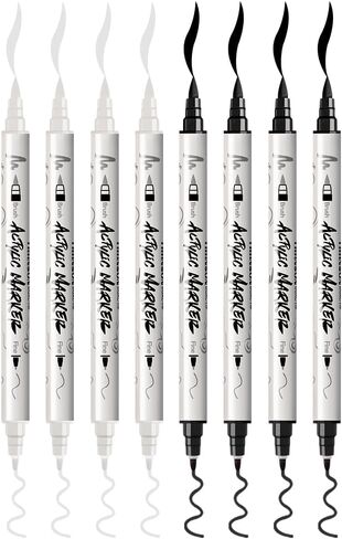 TRANSON 4 Black and 4 White Paint Markers Brush and Fine Dual-tip Acrylic Paint Marker Set for Rock Painting Glass Canvas Wood Leather Ceramic Painting in Kuwait