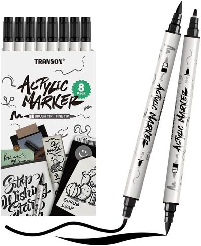 TRANSON 4 Black and 4 White Paint Markers Brush and Fine Dual-tip Acrylic Paint Marker Set for Rock Painting Glass Canvas Wood Leather Ceramic Painting in Kuwait