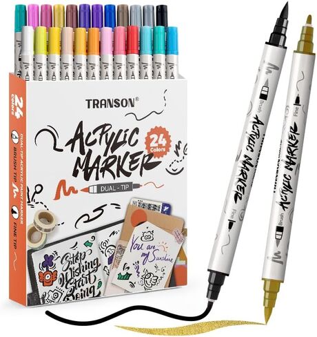 TRANSON 4 Black and 4 White Paint Markers Brush and Fine Dual-tip Acrylic Paint Marker Set for Rock Painting Glass Canvas Wood Leather Ceramic Painting in Kuwait