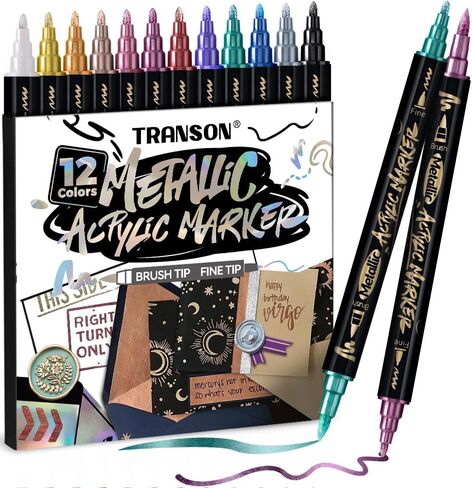 TRANSON 4 Black and 4 White Paint Markers Brush and Fine Dual-tip Acrylic Paint Marker Set for Rock Painting Glass Canvas Wood Leather Ceramic Painting in Kuwait