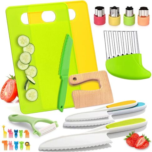 23 Pcs Kids Knife Set for Real Cooking, Montessori Kitchen Toys for Toddlers Kids Cooking Sets, Toddler Knife Set with Plastic Children Safe Knives, Wooden Knife, Potato Slicers, Peeler, Cutting Board in Saudi Arabia
