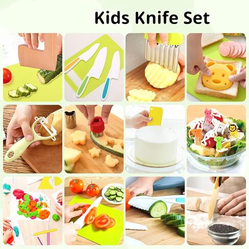 23 Pcs Kids Knife Set for Real Cooking, Montessori Kitchen Toys for Toddlers Kids Cooking Sets, Toddler Knife Set with Plastic Children Safe Knives, Wooden Knife, Potato Slicers, Peeler, Cutting Board in Saudi Arabia