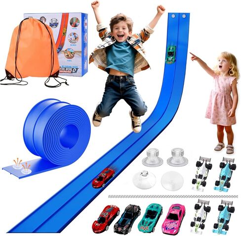 Flexible Car Track for Kids: 15 Ft of Portable Roll-Up DIY Flexible Race Track with 8 Cars & 4 Strong Suction Cups Car Ramp Toy Track, – A Great Birthday for Boys & Girls Ages 3+ (Orange-Blue) in Saudi Arabia