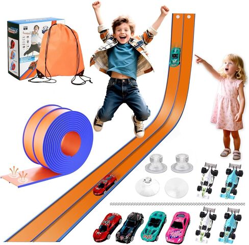 Flexible Car Track for Kids: 15 Ft of Portable Roll-Up DIY Flexible Race Track with 8 Cars & 4 Strong Suction Cups Car Ramp Toy Track, – A Great Birthday for Boys & Girls Ages 3+ (Orange-Blue) in Saudi Arabia