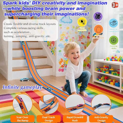 Flexible Car Track for Kids: 15 Ft of Portable Roll-Up DIY Flexible Race Track with 8 Cars & 4 Strong Suction Cups Car Ramp Toy Track, – A Great Birthday for Boys & Girls Ages 3+ (Orange-Blue) in Saudi Arabia