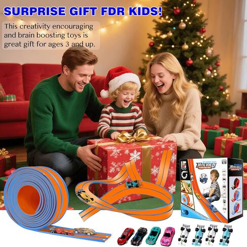 Flexible Car Track for Kids: 15 Ft of Portable Roll-Up DIY Flexible Race Track with 8 Cars & 4 Strong Suction Cups Car Ramp Toy Track, – A Great Birthday for Boys & Girls Ages 3+ (Orange-Blue) in Saudi Arabia