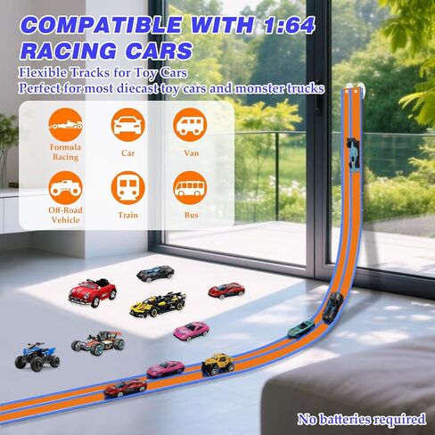 Flexible Car Track for Kids: 15 Ft of Portable Roll-Up DIY Flexible Race Track with 8 Cars & 4 Strong Suction Cups Car Ramp Toy Track, – A Great Birthday for Boys & Girls Ages 3+ (Orange-Blue) in Saudi Arabia