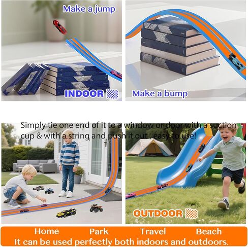 Flexible Car Track for Kids: 15 Ft of Portable Roll-Up DIY Flexible Race Track with 8 Cars & 4 Strong Suction Cups Car Ramp Toy Track, – A Great Birthday for Boys & Girls Ages 3+ (Orange-Blue) in Saudi Arabia