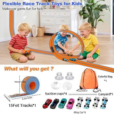 Flexible Car Track for Kids: 15 Ft of Portable Roll-Up DIY Flexible Race Track with 8 Cars & 4 Strong Suction Cups Car Ramp Toy Track, – A Great Birthday for Boys & Girls Ages 3+ (Orange-Blue) in Saudi Arabia