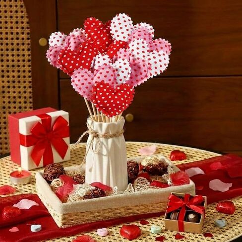 12 Pcs Valentine's Day Heart Picks Fabric & Felt Valentines Picks Galentines Heart Flower Stick Artificial Floral Bouquet Decoration for Vase Filler Wedding Arrangement DIY Craft(Classic) in Saudi Arabia