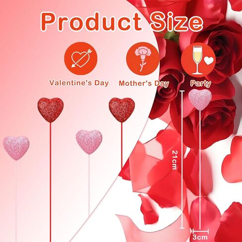 12 Pcs Valentine's Day Glitter Foam Heart Picks - Red Pink Sparkly Puffy Heart Sticks for Flower Arrangements Weddings Party Crafts Decorations in Kuwait