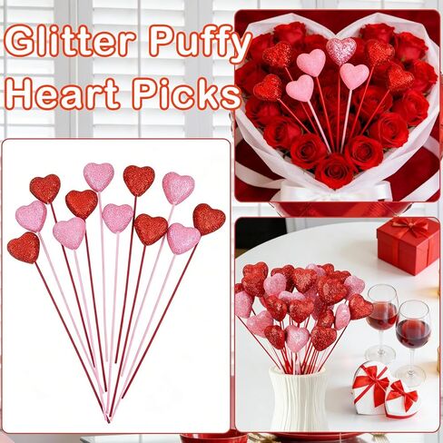 12 Pcs Valentine's Day Glitter Foam Heart Picks - Red Pink Sparkly Puffy Heart Sticks for Flower Arrangements Weddings Party Crafts Decorations in Kuwait
