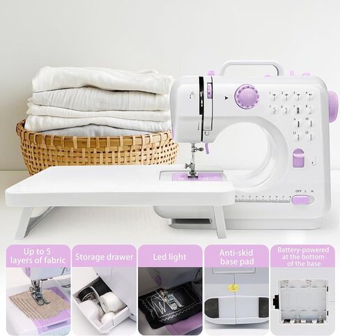ماكينة خياطة مع طاولة تمديد، ماكينة خياطة صغيرة محمولة، ماكينة خياطة كهربائية محمولة، 12 ماكينة خياطة مع ضوء LED، مجموعة ملحقات الخياطة، مثالية للملابس وأغطية الوسائد والملاءات in Kuwait