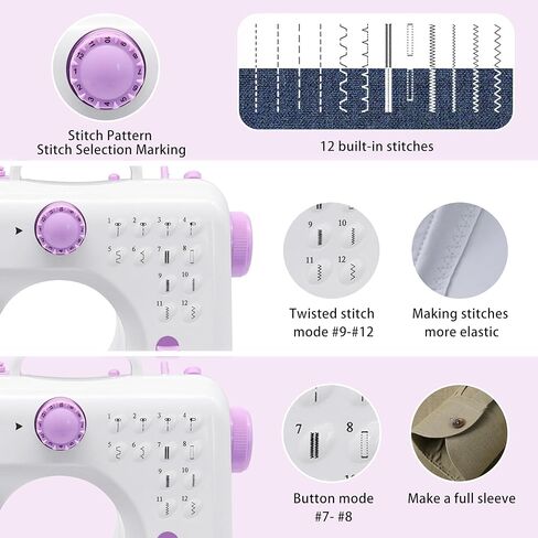 ماكينة خياطة مع طاولة تمديد، ماكينة خياطة صغيرة محمولة، ماكينة خياطة كهربائية محمولة، 12 ماكينة خياطة مع ضوء LED، مجموعة ملحقات الخياطة، مثالية للملابس وأغطية الوسائد والملاءات in Kuwait