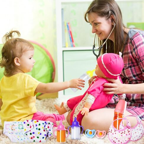 مجموعة إكسسوارات دمى الأطفال مكونة من 12 قطعة، ألعاب إطعام الدمية التظاهرية، تتضمن تغذية دمية الطفل اختفاء زجاجات الحليب والعصير، واللهاية، والمرايل، والحفاضات in Kuwait
