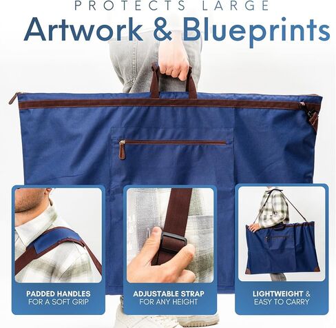 Large 24 x 36 inches Art Portfolio Bag, Fits ARCH D Blueprints, Posters & Art Prints, Waterproof Artist Case with Shoulder Strap, Durable Blue Carrying Tote for Architects, Designers & Students in Kuwait