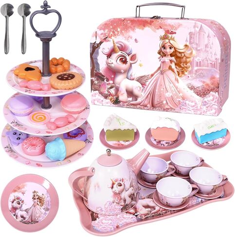 Unicorn Tea Party Set for Girls, Pretend Play Toy with Pink Tin Teapot, 4 Cups & Plates, Portable Carrying Case, Educational Gift for Toddlers Ages 3 4 5 6 7 (Swn) in Saudi Arabia