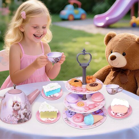 Unicorn Tea Party Set for Girls, Pretend Play Toy with Pink Tin Teapot, 4 Cups & Plates, Portable Carrying Case, Educational Gift for Toddlers Ages 3 4 5 6 7 (Swn) in Saudi Arabia