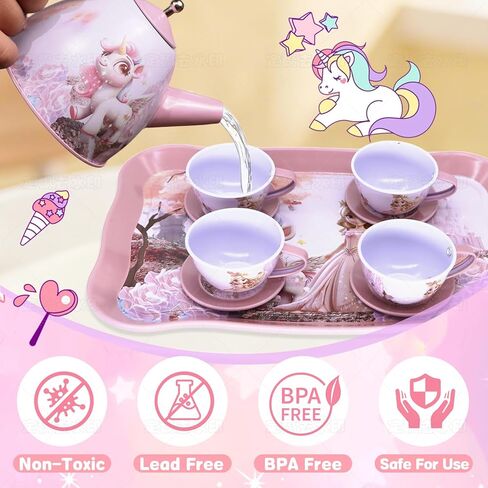 Unicorn Tea Party Set for Girls, Pretend Play Toy with Pink Tin Teapot, 4 Cups & Plates, Portable Carrying Case, Educational Gift for Toddlers Ages 3 4 5 6 7 (Swn) in Saudi Arabia
