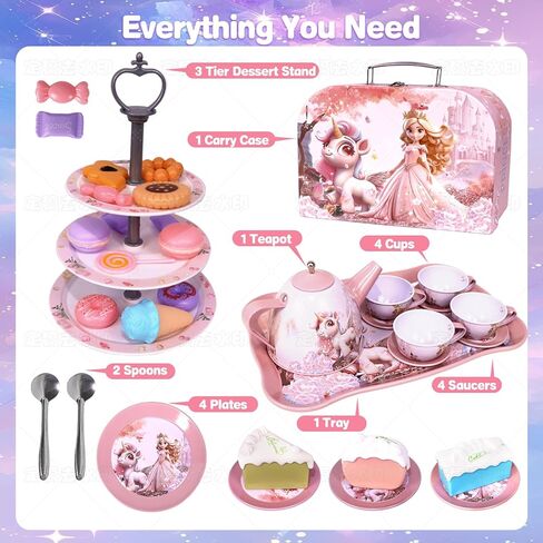 Unicorn Tea Party Set for Girls, Pretend Play Toy with Pink Tin Teapot, 4 Cups & Plates, Portable Carrying Case, Educational Gift for Toddlers Ages 3 4 5 6 7 (Swn) in Saudi Arabia