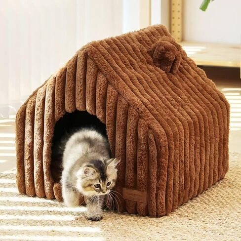 FUKUMARU Cat Houses for Indoor Cats, Washable Cute Cat Bed Cave with Removable Pillow, Large Semi-Enclosed Cozy Dog House Indoor, Soft Faux Rabbit Fur Kitten Bed, 17.5-Inch Cat Hideaway, Pink Grey in Saudi Arabia