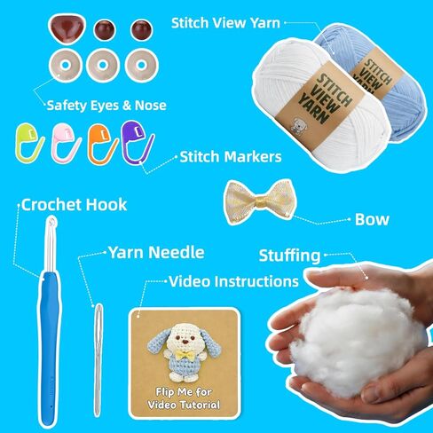 BUNUKY Crochet Kit for Complete Beginners - DIY Starter Kit to Make a Cute Puppy | Step-by-Step Video Tutorials for Easy Learning | Creative Craft Gift for Christmas, Adults, Teens (Sky Pup) in Saudi Arabia