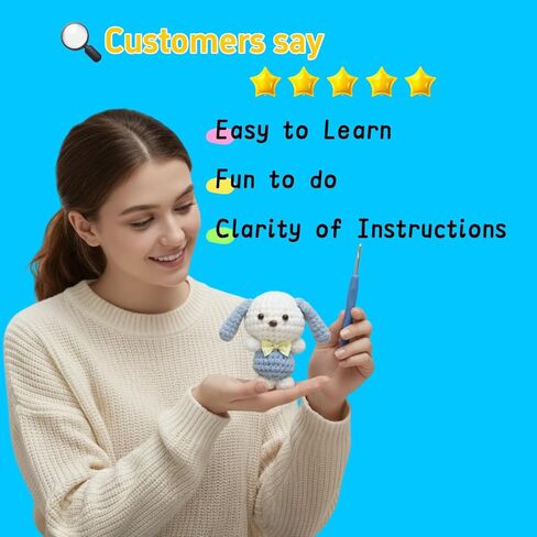 BUNUKY Crochet Kit for Complete Beginners - DIY Starter Kit to Make a Cute Puppy | Step-by-Step Video Tutorials for Easy Learning | Creative Craft Gift for Christmas, Adults, Teens (Sky Pup) in Saudi Arabia