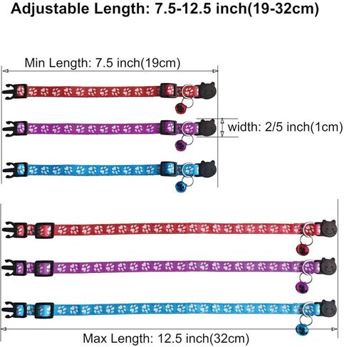 6 Pack Breakaway Cat Collar with Bells, Claw Print Design, Safety Buckle Kitten Collars, 0.4 Inches Width Lightweight, Adjustable 7.5-12.5 Inches Suitable for Girl Boy Cats in Saudi Arabia