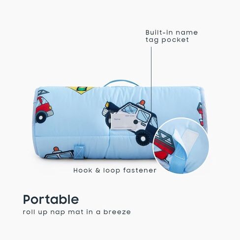 Wake In Cloud - Toddler Nap Mat with Pillow and Blanket, for Kids Boys in Kindergarten Daycare Preschool Pre K, Roll Up Sleeping Bag, Cars Vehicles Trains Airplanes, Light Blue, Standard in Saudi Arabia
