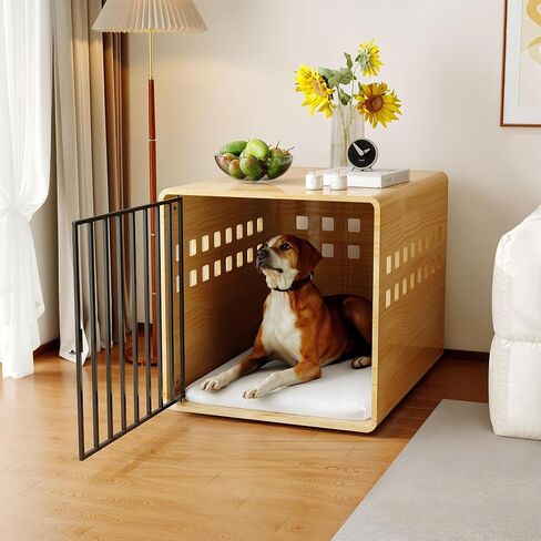 Wooden Furniture Dog Crate for Medium & Small, Solid Wood Puppy Crates for Small Indoor, Decorative Dog Kennel Indoor with Door, Pet House End Table for Bedroom, Living Room, Natural in Kuwait