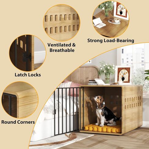 Wooden Furniture Dog Crate for Medium & Small, Solid Wood Puppy Crates for Small Indoor, Decorative Dog Kennel Indoor with Door, Pet House End Table for Bedroom, Living Room, Natural in Kuwait