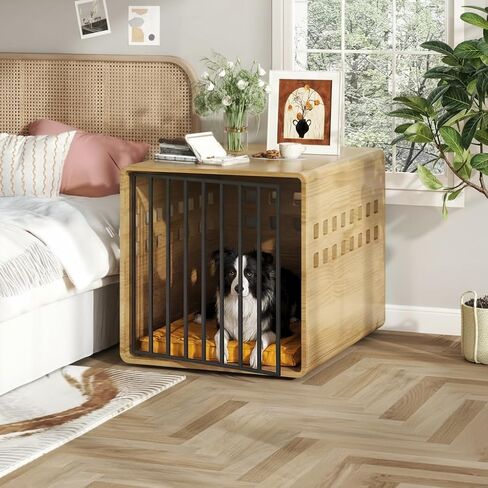 Wooden Furniture Dog Crate for Medium & Small, Solid Wood Puppy Crates for Small Indoor, Decorative Dog Kennel Indoor with Door, Pet House End Table for Bedroom, Living Room, Natural in Kuwait
