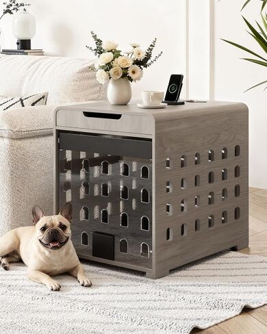 Modern Dog Crate Furniture with Charging Station Medium Kennel Indoor with Flip-up Hidden Acrylic Door for Small and Medium Breeds up to 50lb Wood Pet End Side Table Cage, Oak in Saudi Arabia