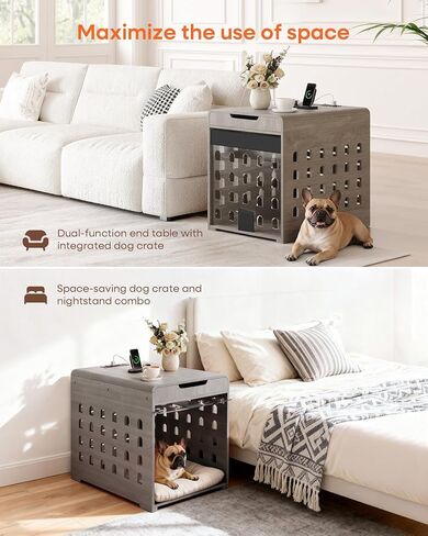Modern Dog Crate Furniture with Charging Station Medium Kennel Indoor with Flip-up Hidden Acrylic Door for Small and Medium Breeds up to 50lb Wood Pet End Side Table Cage, Oak in Saudi Arabia