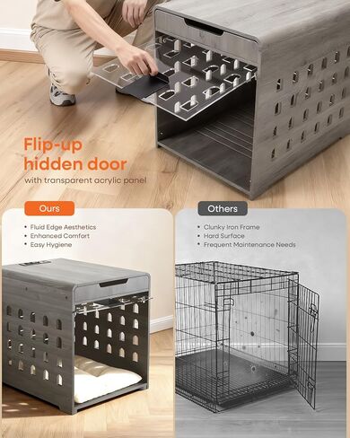 Modern Dog Crate Furniture with Charging Station Medium Kennel Indoor with Flip-up Hidden Acrylic Door for Small and Medium Breeds up to 50lb Wood Pet End Side Table Cage, Oak in Saudi Arabia