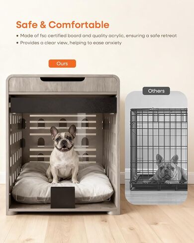 Modern Dog Crate Furniture with Charging Station Medium Kennel Indoor with Flip-up Hidden Acrylic Door for Small and Medium Breeds up to 50lb Wood Pet End Side Table Cage, Oak in Saudi Arabia