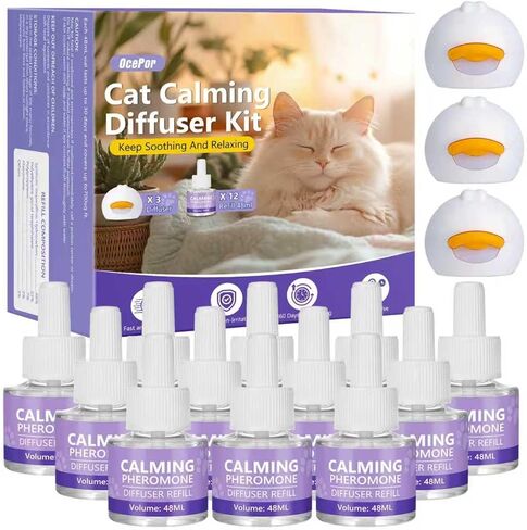 OcePor Cat Calming Diffuser 12 Refill Solutions, 3 Plugs- Cat Pheromones Calming Diffuser Refill, Pheromone Diffuser to Calm Cats, Cat Anxiety Relief in Saudi Arabia