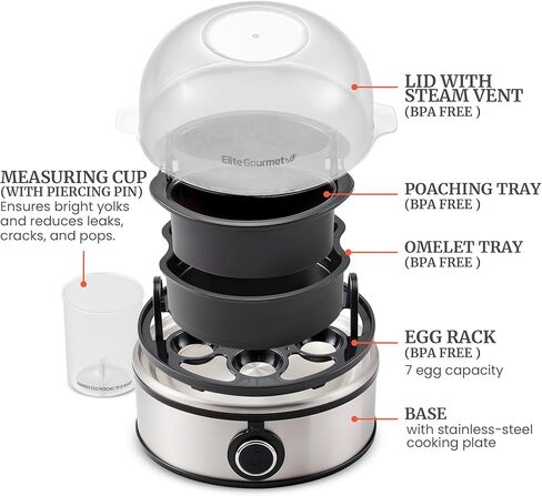 Elite Gourmet EGC855SS Easy Egg Cooker, 7-Egg Capacity, Soft, Medium, Hard-Boiled, Omelets, Poached Eggs, Plays Melody when Done, Auto Shut-Off, Measuring Cup, Stainless Steel in Kuwait