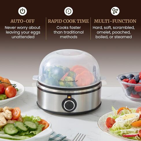Elite Gourmet EGC855SS Easy Egg Cooker, 7-Egg Capacity, Soft, Medium, Hard-Boiled, Omelets, Poached Eggs, Plays Melody when Done, Auto Shut-Off, Measuring Cup, Stainless Steel in Kuwait