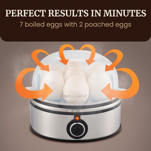 Elite Gourmet EGC855SS Easy Egg Cooker, 7-Egg Capacity, Soft, Medium, Hard-Boiled, Omelets, Poached Eggs, Plays Melody when Done, Auto Shut-Off, Measuring Cup, Stainless Steel in Kuwait
