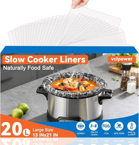 Slow Cooker Liners 13"x21", Large Size Disposable Cooking Bags, BPA-Free Pot Liners Fit 3–8 Quart slow cooker pot, Suitable for Oval & Round Slow Cooker, 20 Count in Kuwait