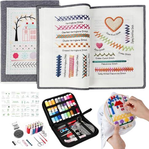 Udihch Embroidery Stitch Book Kit (86 PCS), Embroidery Patterns with Step-by-Step Tutorials, Portable Sewing Toolkit, Includes Floss and Needles, Suitable for Beginners and DIY Craft Enthusiasts in Kuwait