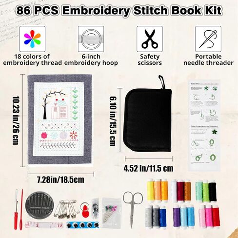 Udihch Embroidery Stitch Book Kit (86 PCS), Embroidery Patterns with Step-by-Step Tutorials, Portable Sewing Toolkit, Includes Floss and Needles, Suitable for Beginners and DIY Craft Enthusiasts in Kuwait