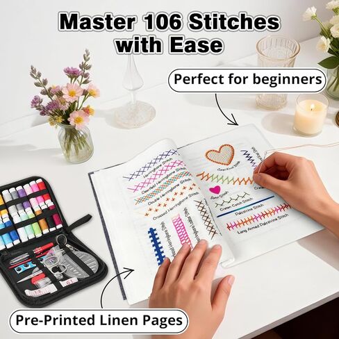 Udihch Embroidery Stitch Book Kit (86 PCS), Embroidery Patterns with Step-by-Step Tutorials, Portable Sewing Toolkit, Includes Floss and Needles, Suitable for Beginners and DIY Craft Enthusiasts in Kuwait
