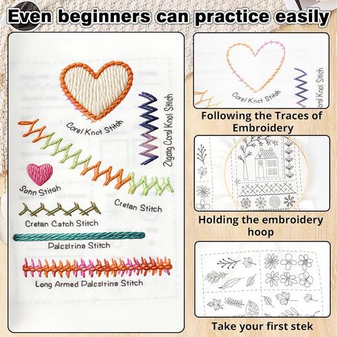 Udihch Embroidery Stitch Book Kit (86 PCS), Embroidery Patterns with Step-by-Step Tutorials, Portable Sewing Toolkit, Includes Floss and Needles, Suitable for Beginners and DIY Craft Enthusiasts in Kuwait