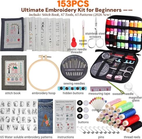 2026 Upgraded Embroidery Stitch Book & Complete Kit for Beginners | Includes 86 Tools,63 Water-Soluble Patterns & 106 Designs with Instructions | Portable Craft Set for Adults & DIY Lovers in Saudi Arabia